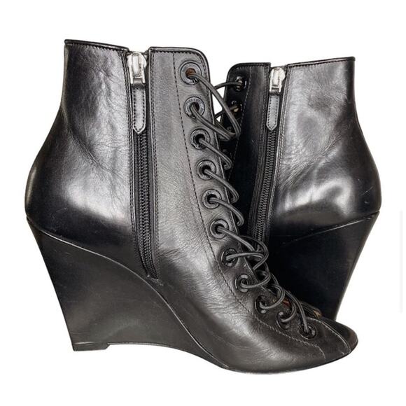 Givenchy Black Leather Lace Up Peep Toe Bondage Wedge Booties - 37.5 - Picture 8 of 10